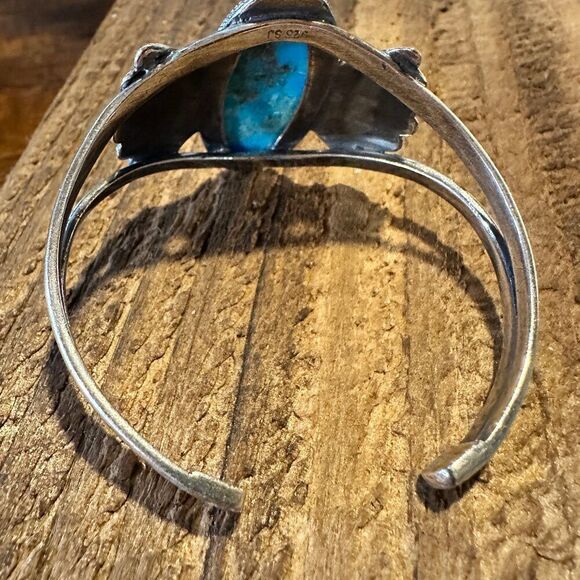 Native American Turquoise Winged Abedabun Sterling Silver Cuff Bracelet in Gift - Picture 9 of 14
